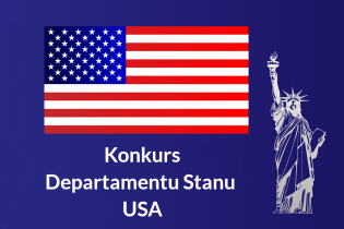 Rysunek na ciemnoniebieskim tle przedstawiający flagę USA i Statuę Wolności oraz napis: Konkurs Departamentu Stanu USA
